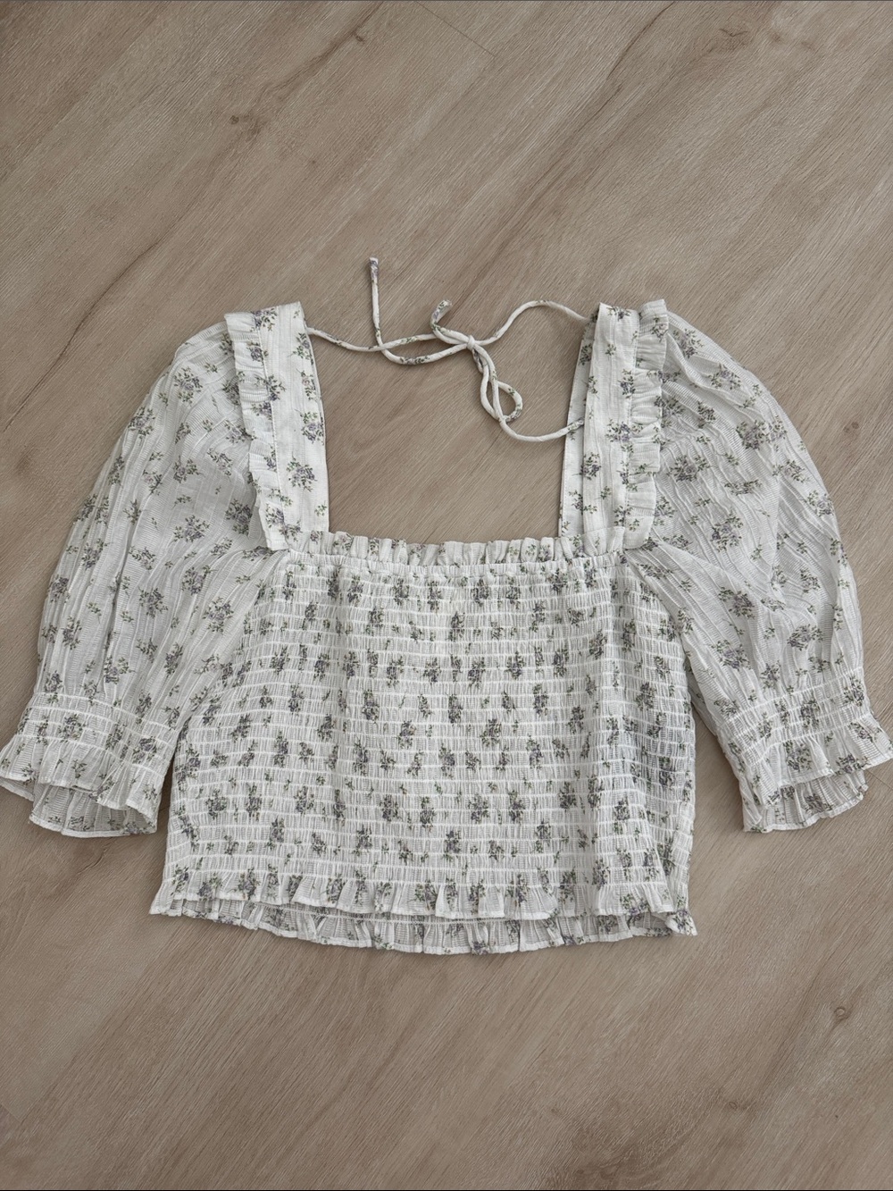 H&M Cream Floral Smocked Square-Neck Blouse